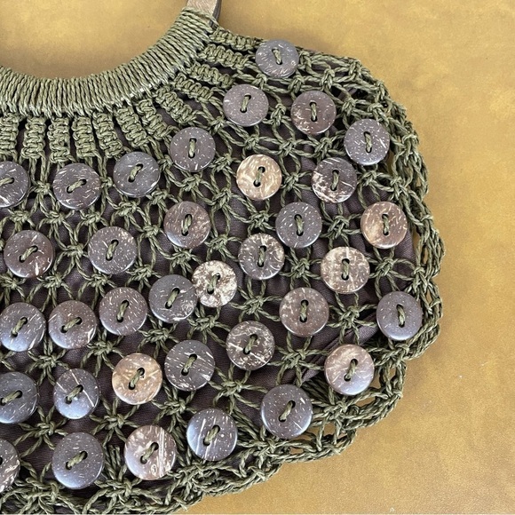 Blue Miami Woven Wooden Handle Button Embellished Bohemian Purse - Picture 4 of 11